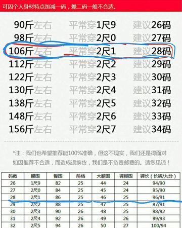 26和28裤子腰差多少
